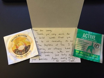A thoughtful card from Todd B. Rubin, plus a bag of Orange Blossom & Get Active tea