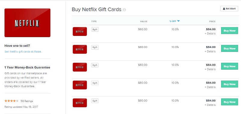 Screenshot showing list of Netflix gift cards