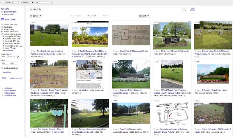 Craigslist listings for burial plots in Baltimore