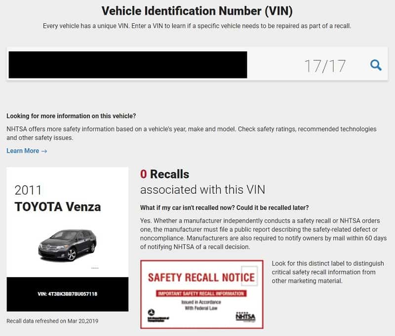 NHTSA Lookup results for 2011 Toyota Venza