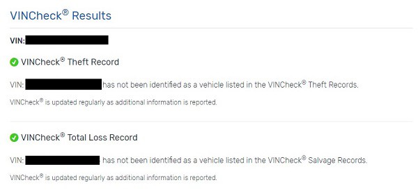 Vincheck Results - no thefts, no total loss