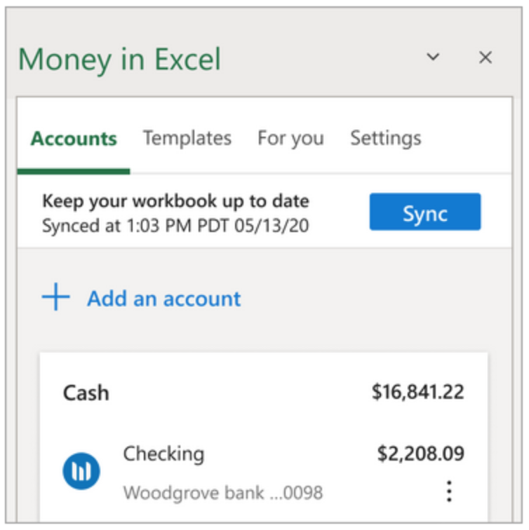 Money in Excel Add Account Screenshot