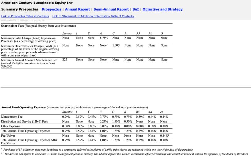 screenshot of mutual fund fee schedule