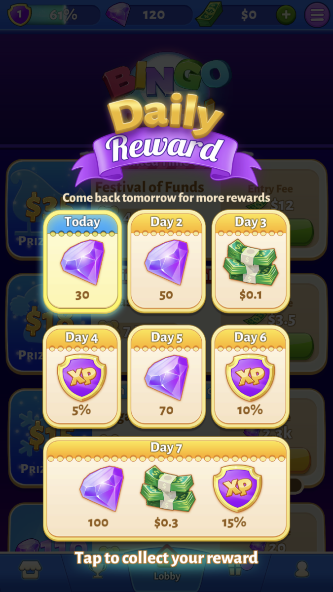 screenshot of bingo cash daily rewards feature
