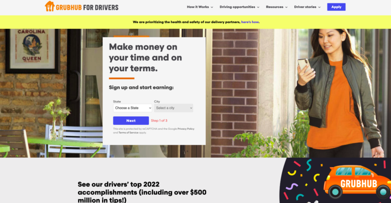 screenshot of grubhub for drivers homepage