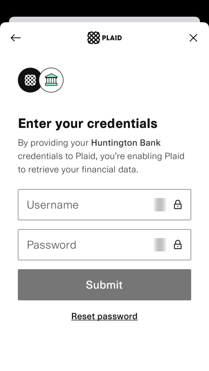 Screenshot of banking credential screen