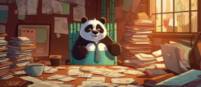 A cartoonish panda bear businessman with a warm, cheerful smile, dressed in a smart suit, sitting at a wooden desk covered with financial charts and papers. He holds a pen and is happily cashing checks representing successful stock market investments.