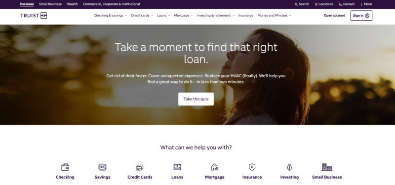 screenshot of Truist bank homepage
