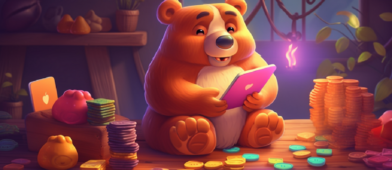 A cute cartoon bear sitting at a table counting money with his app