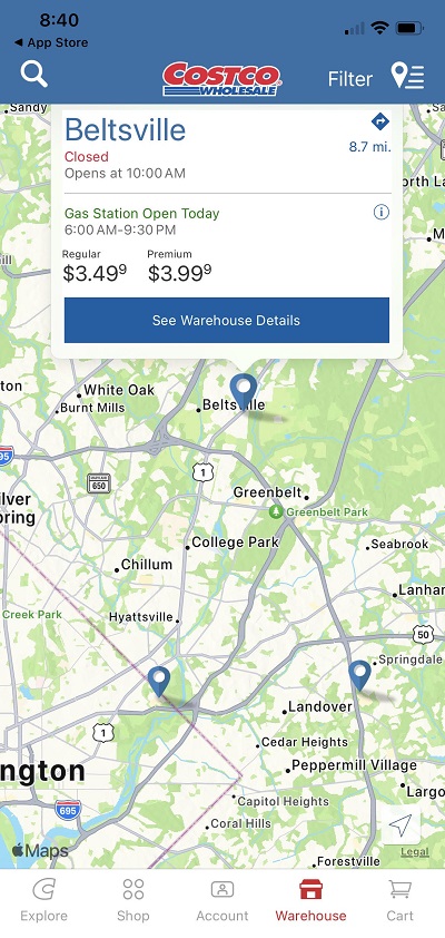 Screenshot of Costco mobile app showing gas prices