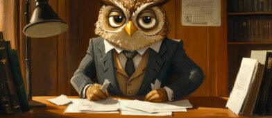Cartoon owl in a suit sitting at a desk filled with papers