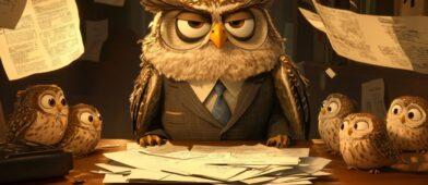 Stressed Out Owl sitting at a desk surrounded by owl babies